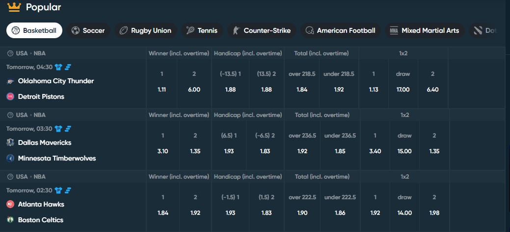 Popular sports betting markets at BetPlay